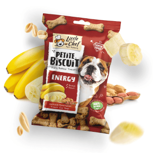 package of natural functional dog treat for energy, banana slices and peanuts