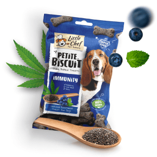 package of natural functional dog treat for immune system support, blueberries and chia seeds