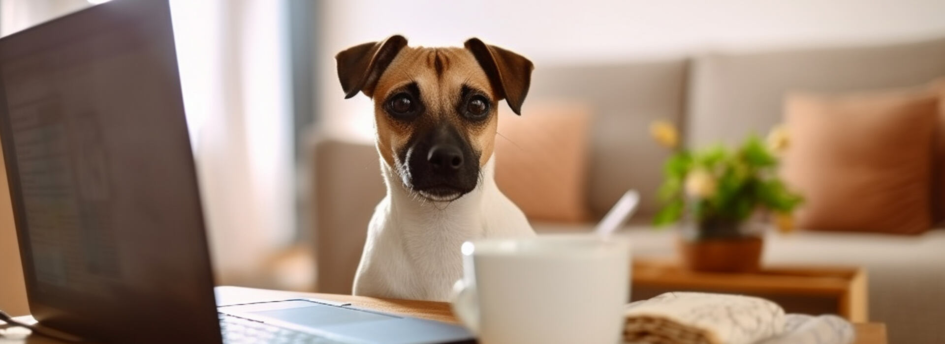dog sits table with laptop and cup of coffee