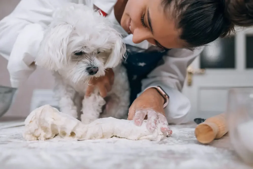 woman in the kitchen with her little white dog